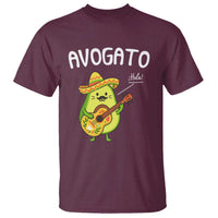Maroon avocado cat graphic T-shirt with guitar and “Hola!” print