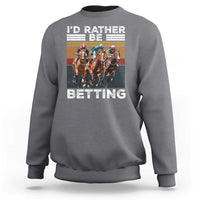 Dark heather gray horse race betting graphic sweatshirt with text and racehorses on front