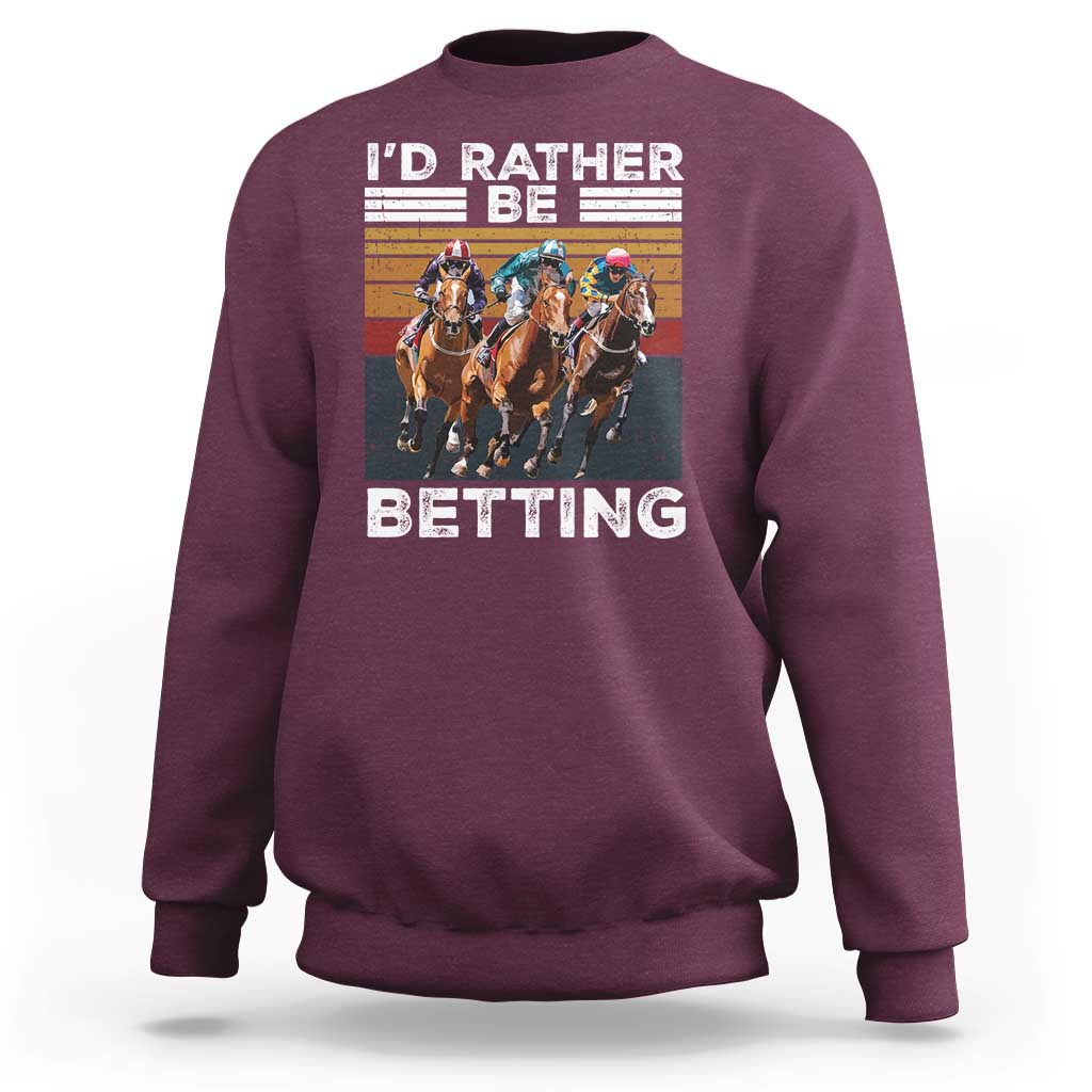 Maroon horse race betting graphic sweatshirt with text and racehorses on front