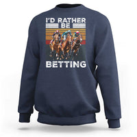 Navy horse race betting graphic sweatshirt with text and racehorses on front