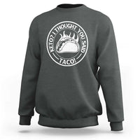 Dark heather gray sweatshirt with white taco-themed circular logo print
