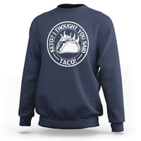 Navy sweatshirt with white taco-themed circular logo print