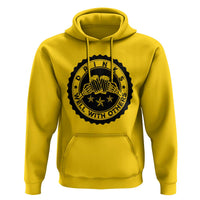 Daisy yellow hoodie with front beer mug graphic and black circular emblem