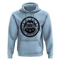 Light blue hoodie with front beer mug graphic and black circular emblem