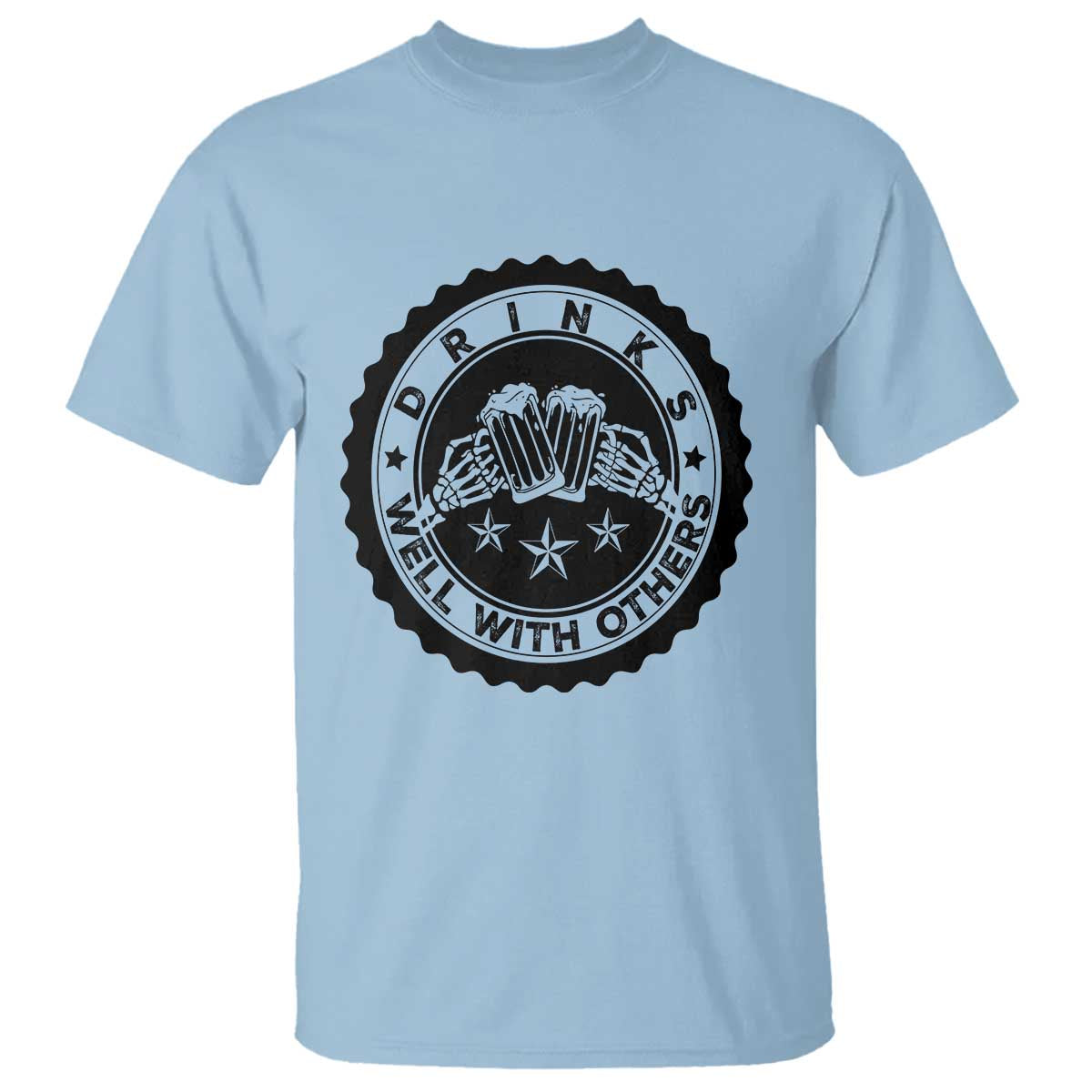 Light blue T-shirt with black round graphic print on the chest