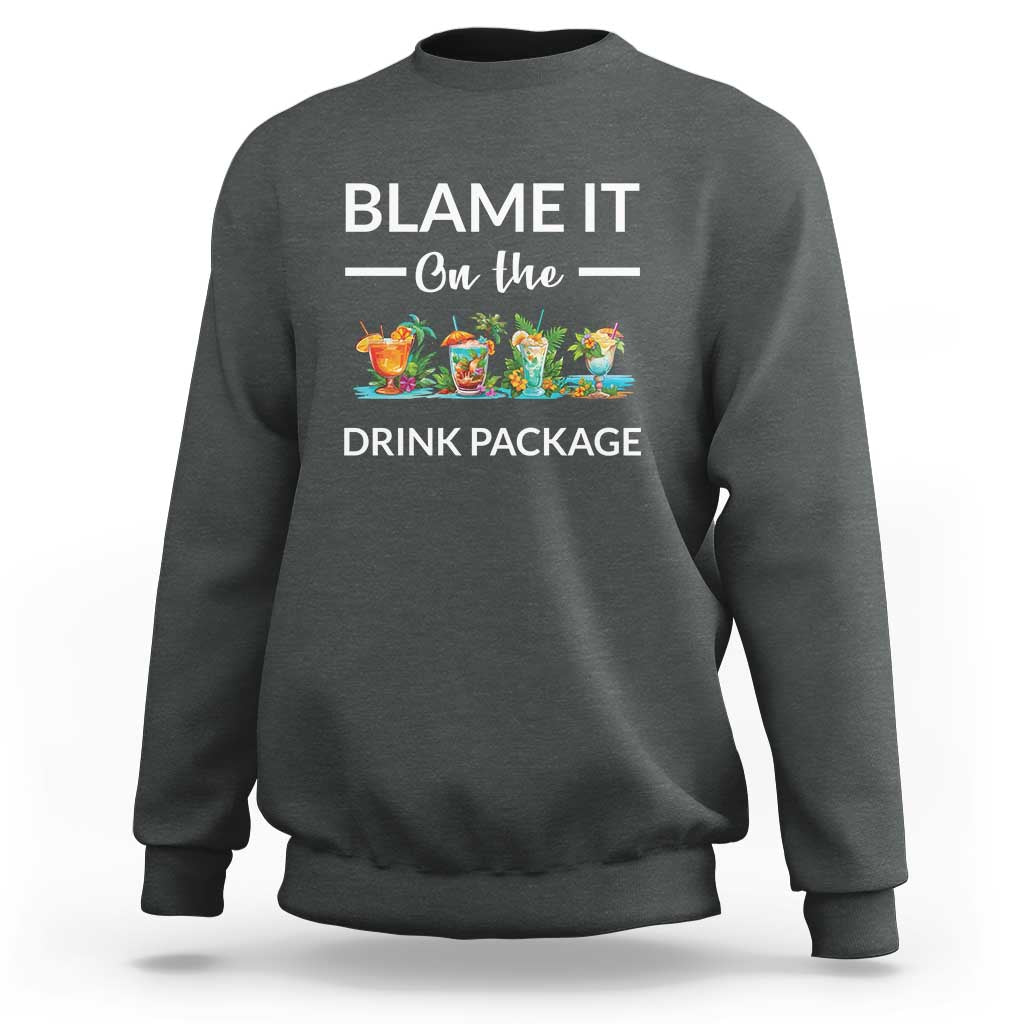 Charcoal heather sweatshirt with 'BLAME IT' drink package print and cocktail graphic