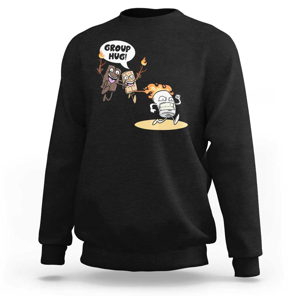 Black crewneck sweatshirt with playful camping cartoon graphic on chest