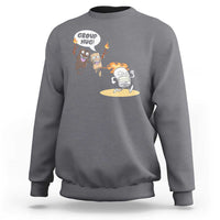 Dark heather gray crewneck sweatshirt with camping cartoon graphic on chest