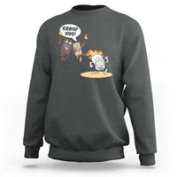 Charcoal crewneck sweatshirt with camping cartoon graphic and 'Group Hug' badge