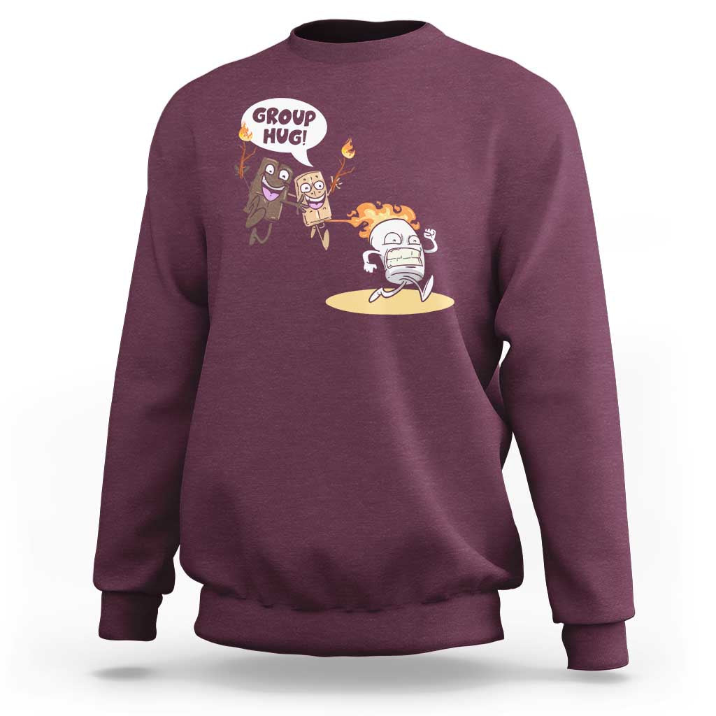 Maroon crewneck sweatshirt with camping cartoon graphic and 'Group Hug' badge