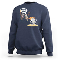 Navy crewneck sweatshirt with camping cartoon graphic and 'Group Hug' badge