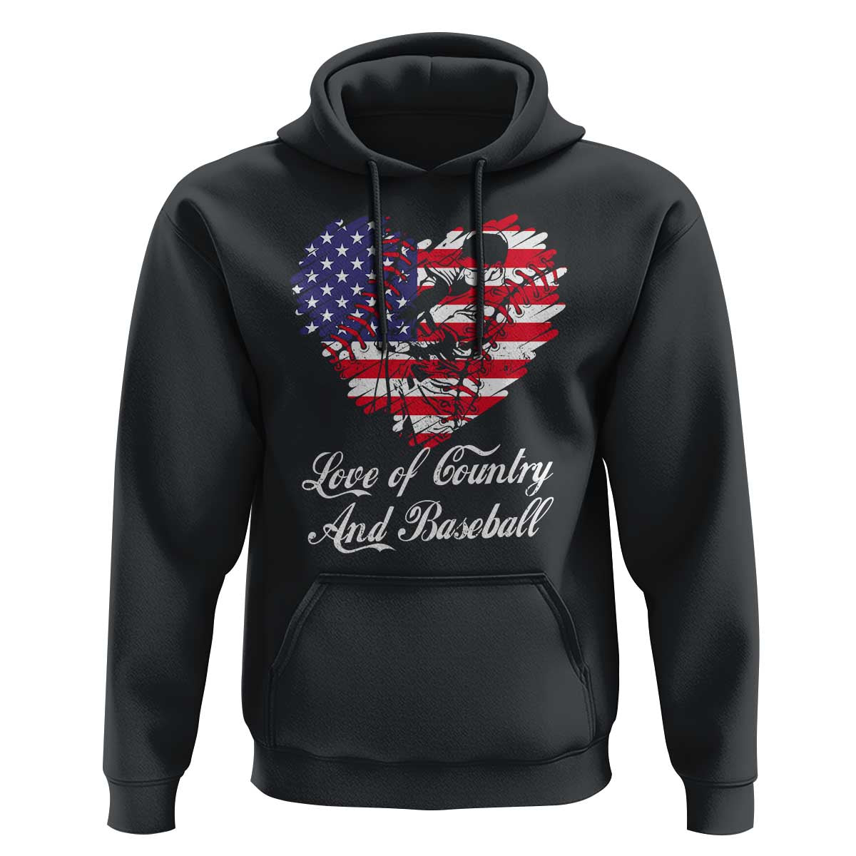 Black baseball hoodie with USA flag graphic heart and “Love of Country And Baseball”