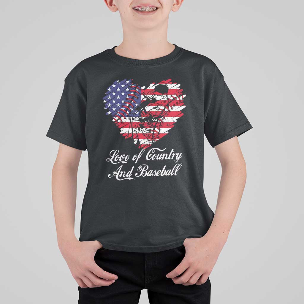 Kids baseball T-shirt in black with patriotic USA-flag heart graphic and “Love of Country And Baseball”