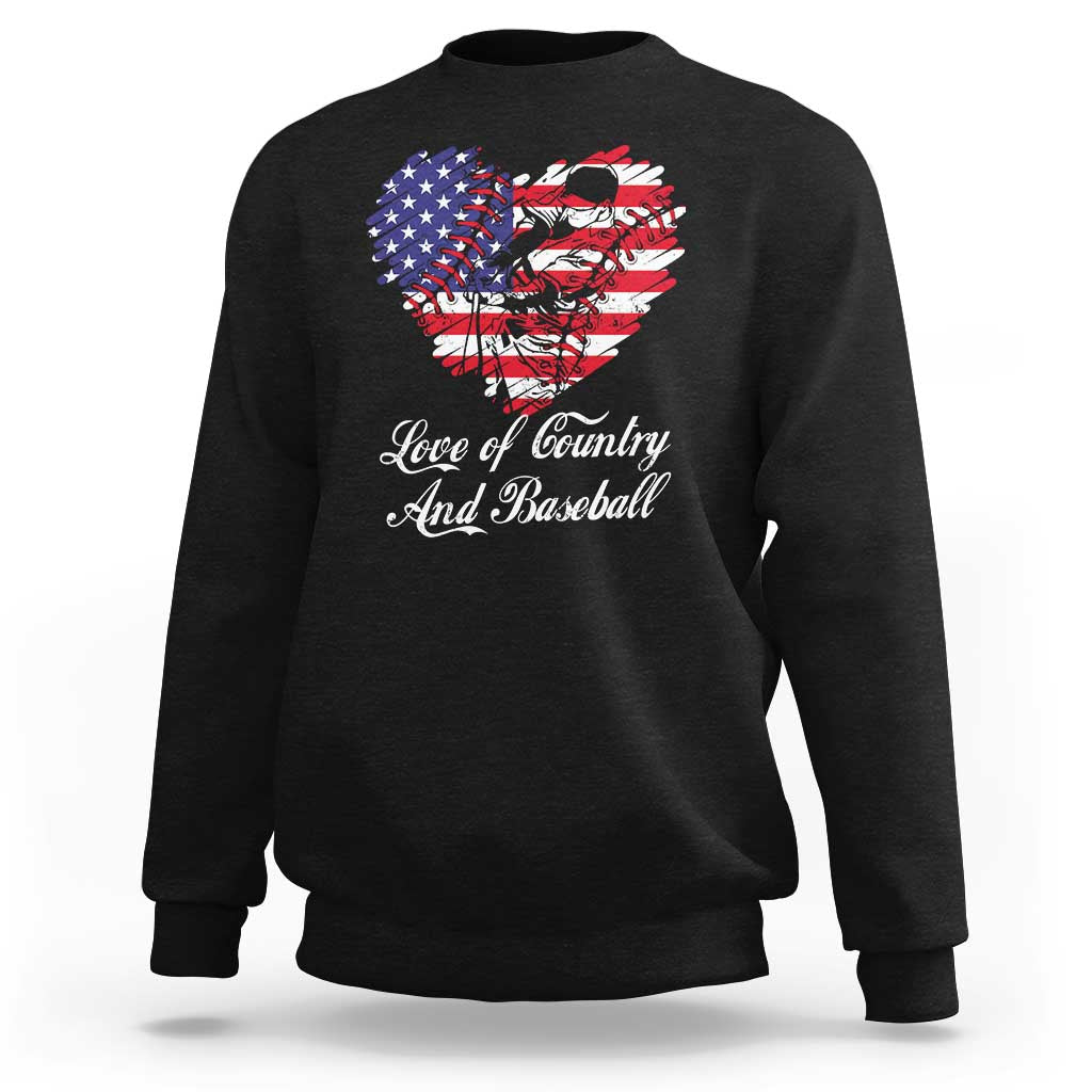 Black baseball sweatshirt with USA-flag heart graphic and 'Love of Country and Baseball' print