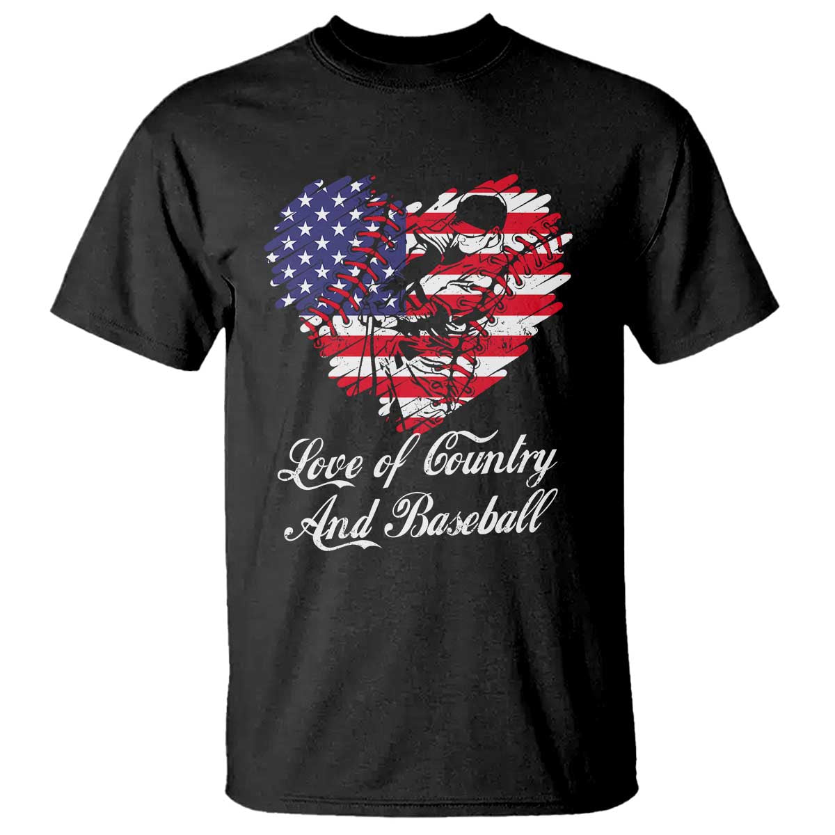 Black short-sleeve baseball T-shirt with heart-shaped USA flag graphic and text print.