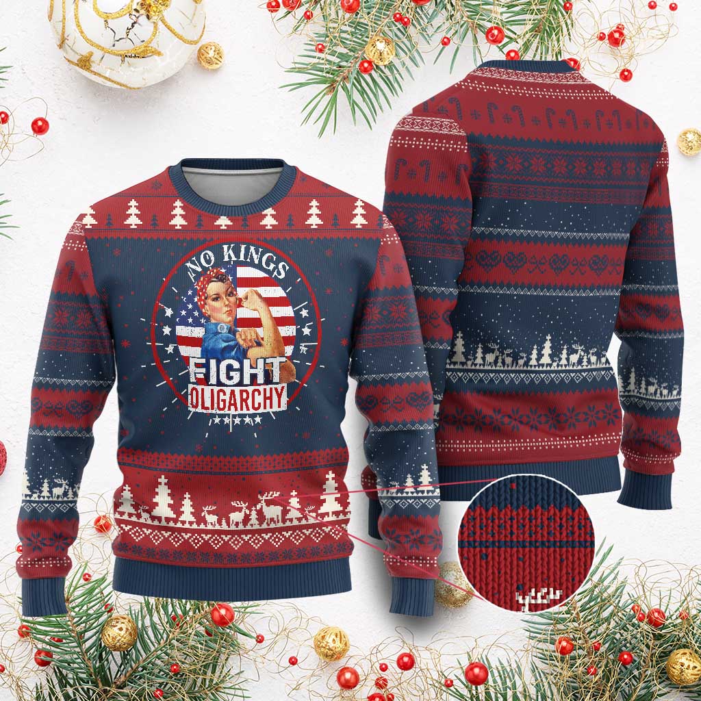 No Kings Fight Oligarchy Knitted Sweatshirt Woman's Girl Vintage America Flag - Wonder Print Shop