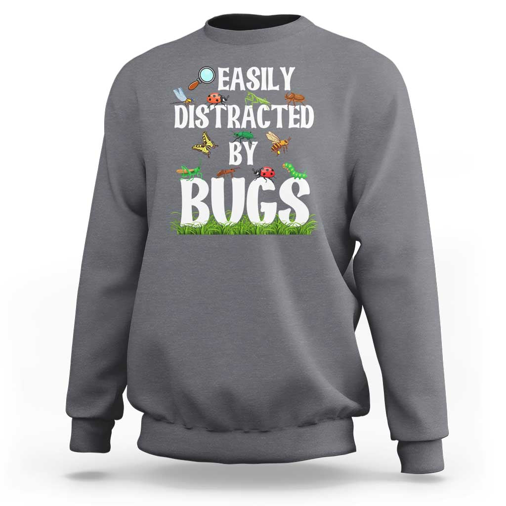 Gray sweatshirt with colorful “Bugs” insect graphic on the front