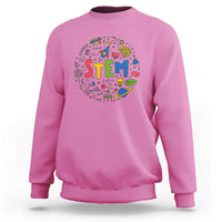 Azalea pink sweatshirt with colorful STEM graphic on the front and ribbed crew neck cuffs