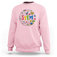 Light pink sweatshirt with colorful STEM graphic on the front and ribbed crew neck cuffs