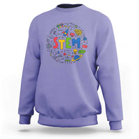 Violet purple sweatshirt with colorful STEM graphic on the front and ribbed crew neck cuffs