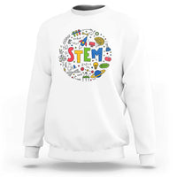 White sweatshirt with colorful STEM graphic on the front and ribbed crew neck cuffs