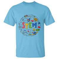 Sky blue STEM teacher T-shirt with colorful STEM science icons graphic