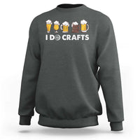 Dark heather crewneck sweatshirt with long sleeves and “ID CRAFTS” beer mug graphic