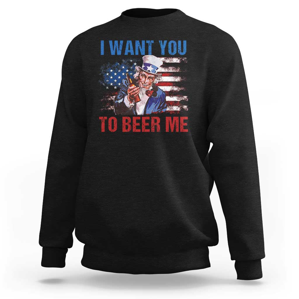 Black sweatshirt with Uncle Sam graphic and “I WANT YOU TO BEER ME” message