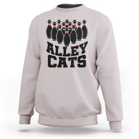Alley Cats bowling sweatshirt, light heather gray with black cat pin lineup and ALLEY CATS