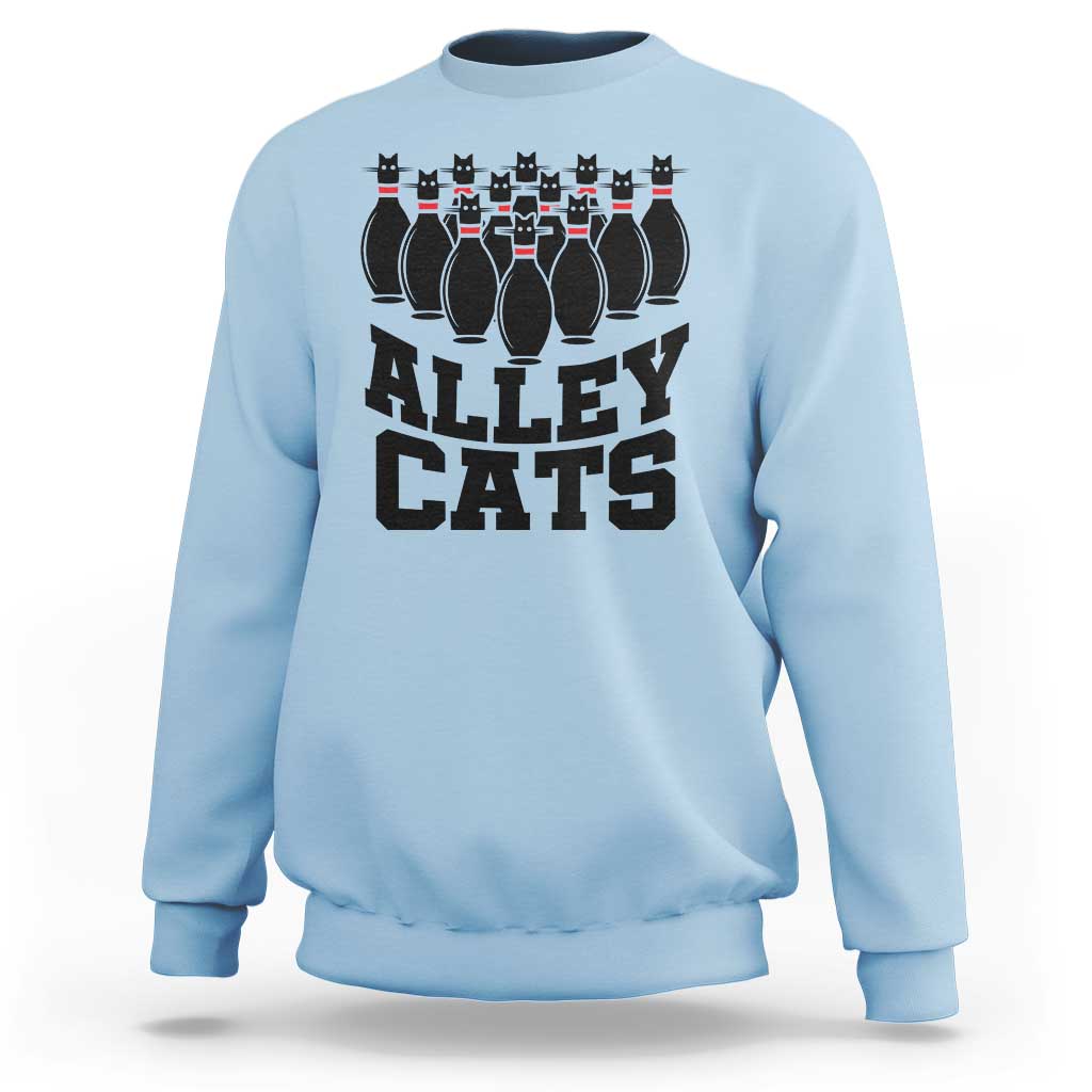 Alley Cats bowling sweatshirt, light blue with black cat pin lineup and ALLEY CATS print