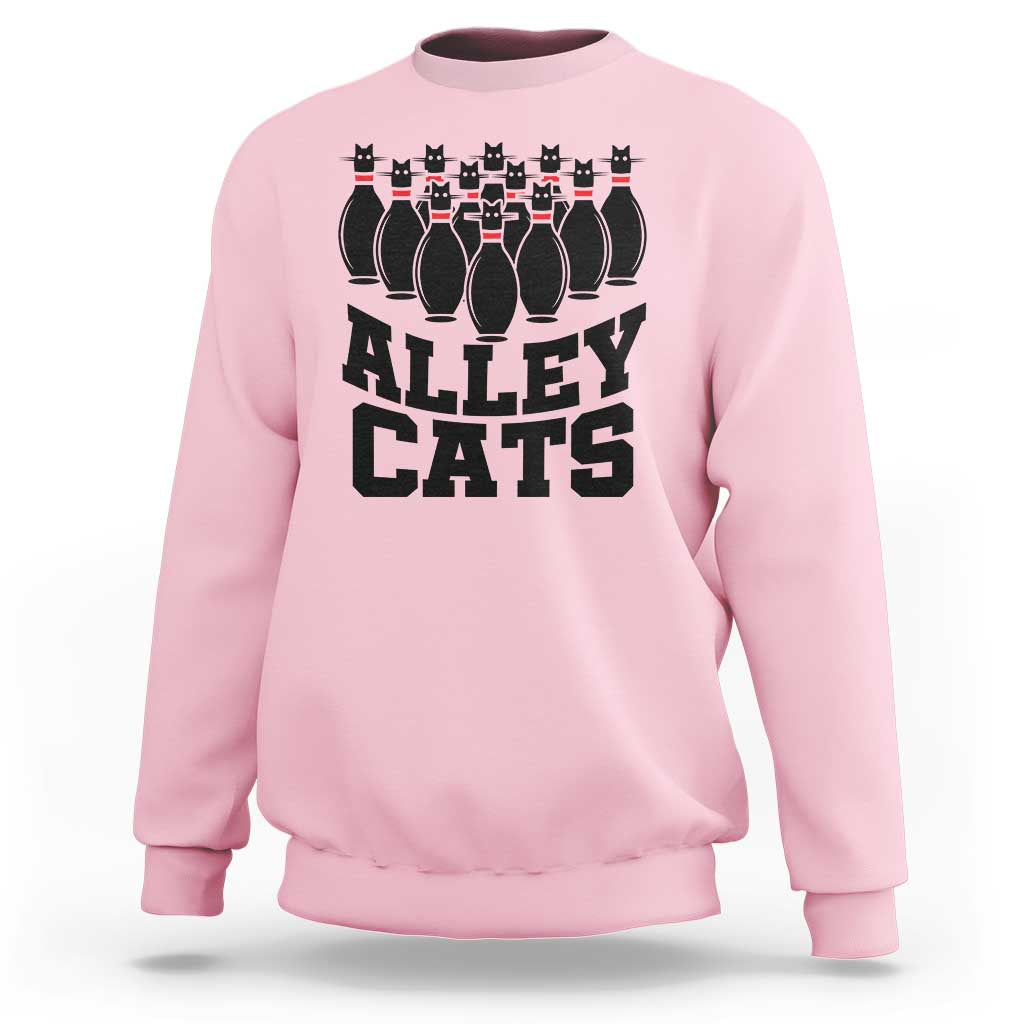 Alley Cats bowling sweatshirt, light pink with black cat pin lineup and ALLEY CATS print