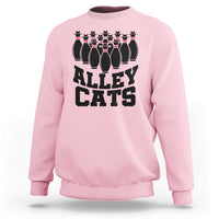 Alley Cats bowling sweatshirt, light pink with black cat pin lineup and ALLEY CATS print