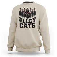 Alley Cats bowling sweatshirt, beige with black cat pin lineup and ALLEY CATS lettering