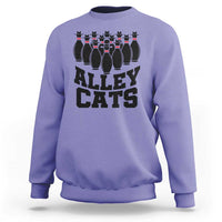 Alley Cats bowling sweatshirt, lavender with black cat pin lineup and ALLEY CATS lettering