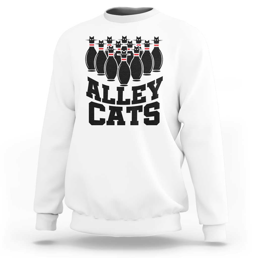 Alley Cats bowling sweatshirt, white with black cat pin lineup and ALLEY CATS lettering