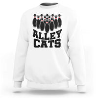 Alley Cats bowling sweatshirt, white with black cat pin lineup and ALLEY CATS lettering