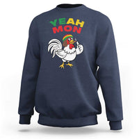 Navy crewneck sweatshirt with “YEAH MON” text and rooster graphic on front
