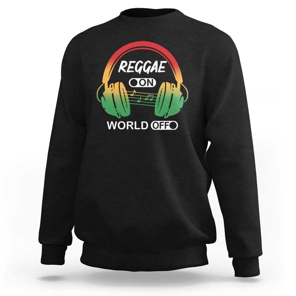 Black sweatshirt with colorful reggae headphones graphic and “WORLD OFF” text on front.