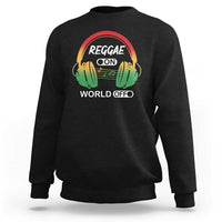 Black sweatshirt with colorful reggae headphones graphic and “WORLD OFF” text on front.