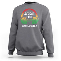 Charcoal heather sweatshirt with colorful reggae headphones graphic and “WORLD OFF” text.