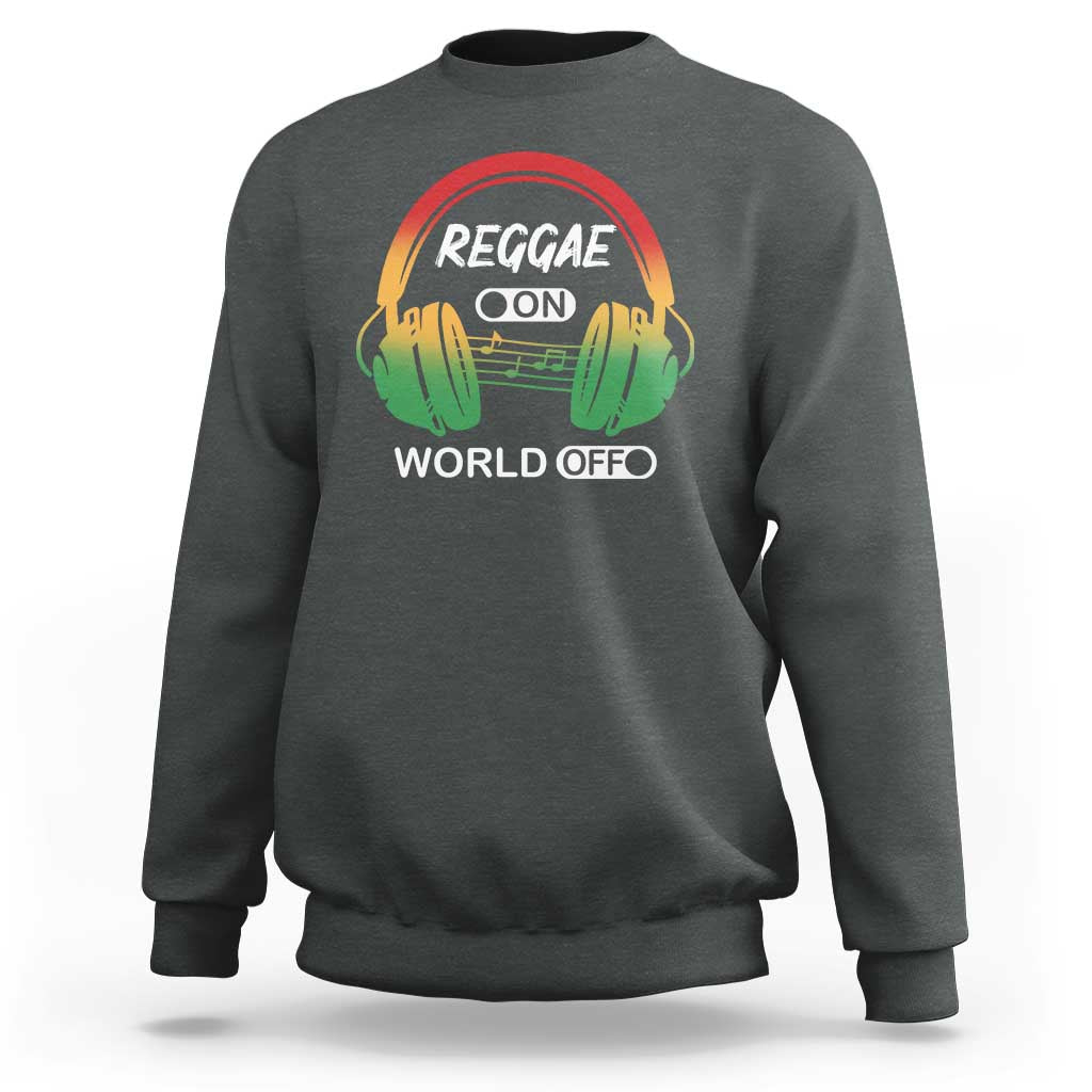 Dark charcoal sweatshirt with colorful reggae headphones graphic and “WORLD OFF” text on front.