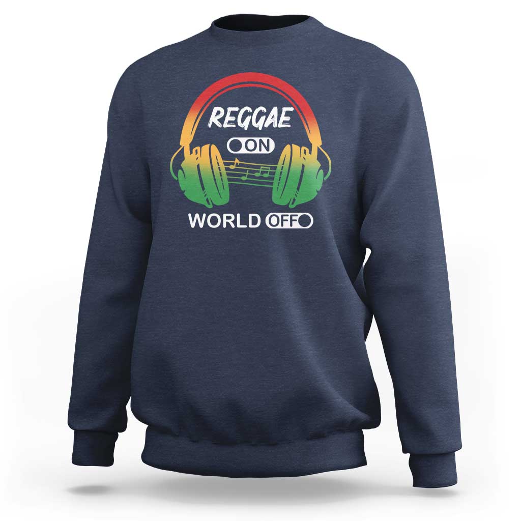 Navy sweatshirt with colorful reggae headphones graphic and “WORLD OFF” text on front.