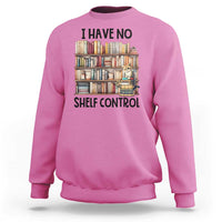 Pink crewneck sweatshirt with bookshelf, cat, and 'Shelf Control' front print