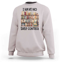 Light gray crewneck sweatshirt with bookshelf, cat, and 'Shelf Control' front print