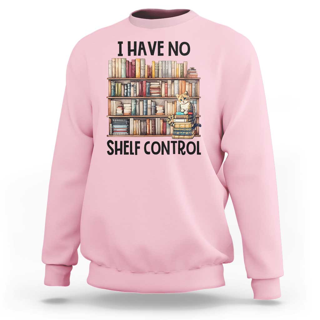 Light pink crewneck sweatshirt with bookshelf, cat, and 'Shelf Control' front print