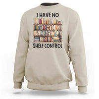 Beige crewneck sweatshirt with bookshelf, cat, and 'Shelf Control' front print