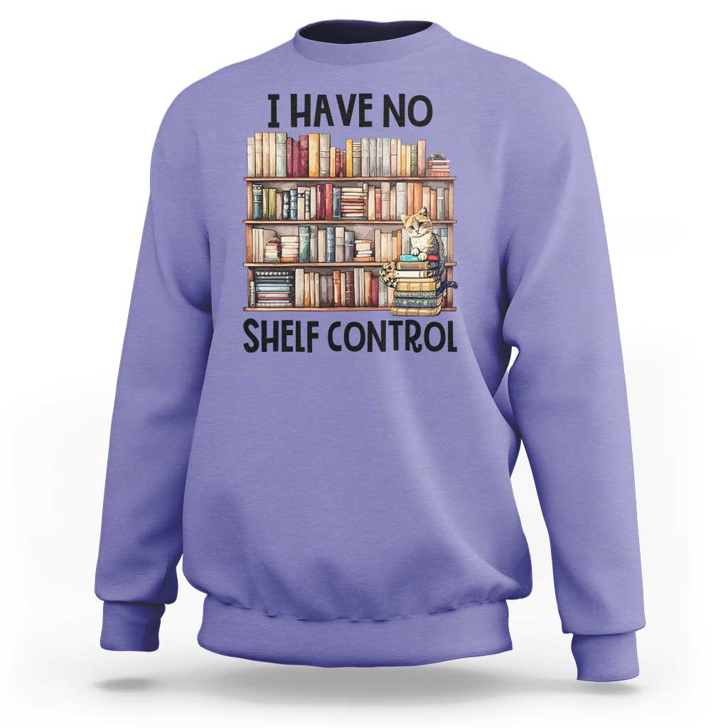 Purple crewneck sweatshirt with bookshelf, cat, and 'Shelf Control' front print
