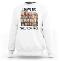 White crewneck sweatshirt with bookshelf, cat, and 'Shelf Control' front print
