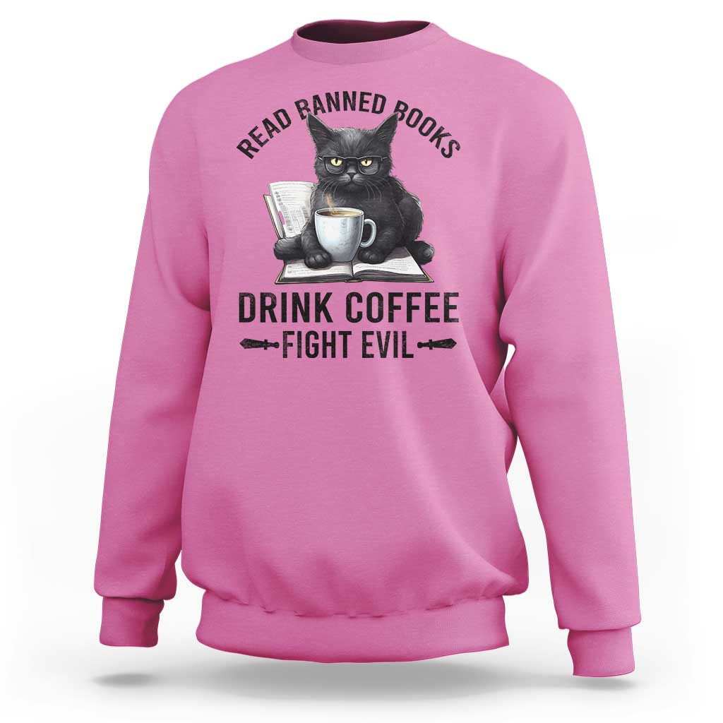 Azalea pink sweatshirt with reading cat graphic, coffee cup, and 'Fight Evil' text