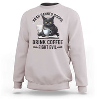 Ice gray sweatshirt with reading cat holding coffee cup and 'Drink Coffee Fight Evil' print